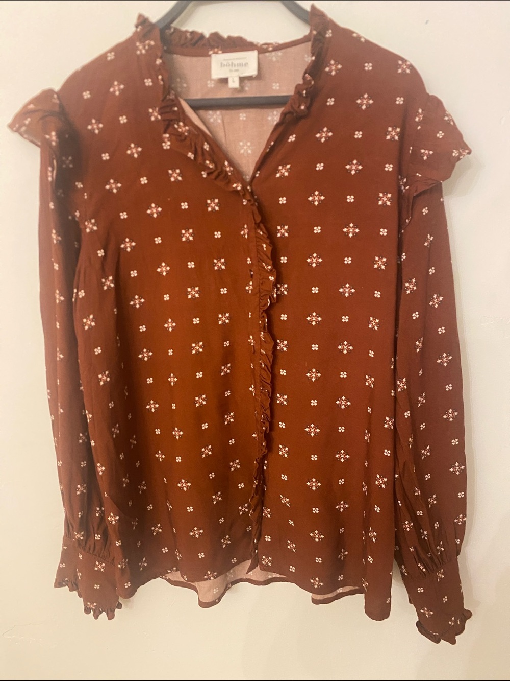 bohme Rust Brown Floral Ruffle Button-Front Blouse